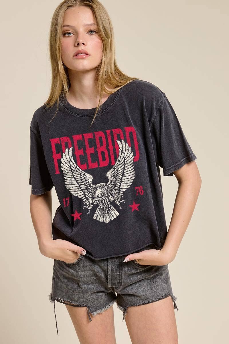 Free Bird 1776 Vintage Graphic Raw Hem Faux Crop Tee