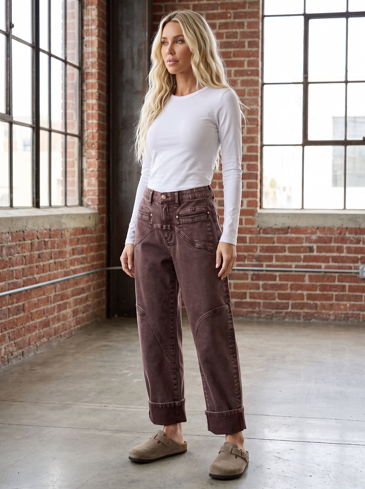 Saige Brown Washed Barrel Jeans