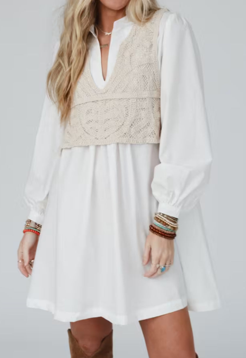 Annie Wear Crochet Vest Notched Long Sleeve Shirt Dress