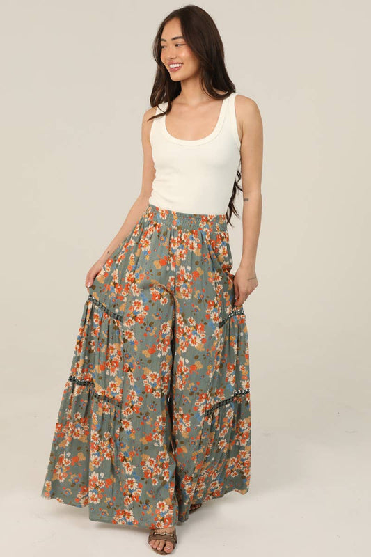 25R84-A854 FLORAL PRINT WIDE LEG PANTS WITH LACE INSERTS