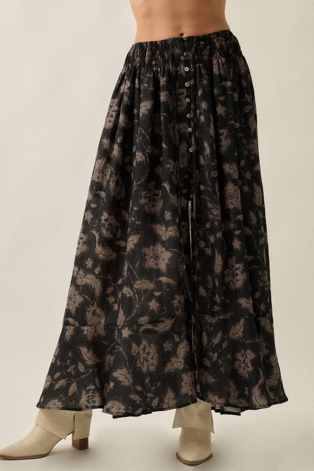 Floral-Print Button-Front Drawstring Ruffle Maxi Skirt