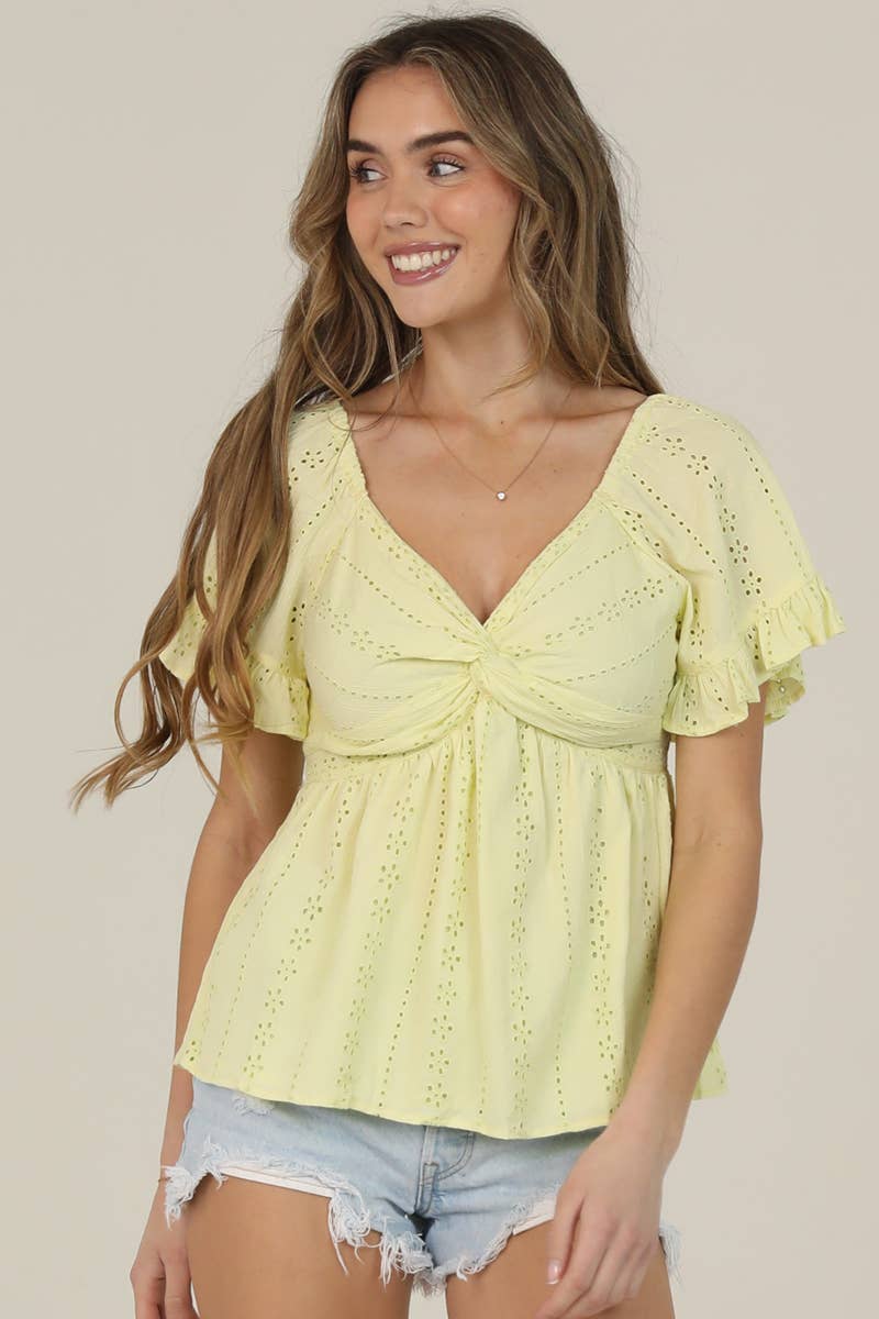 C2186-EM08 EYELET EMBROIDERED TWIST FRONT BLOUSE