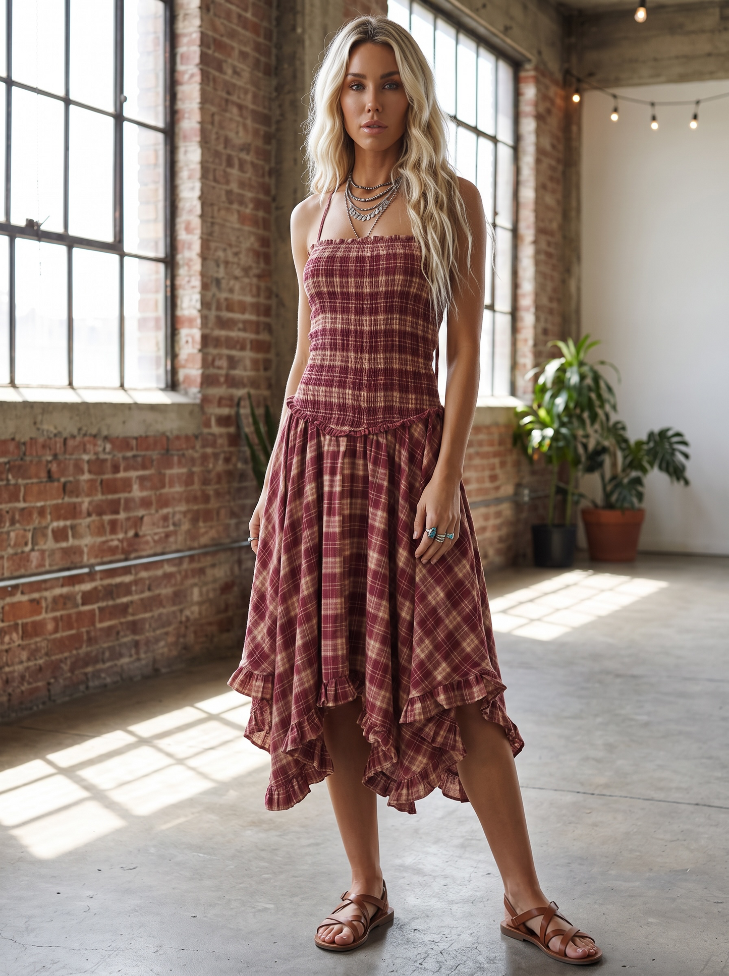 Plaid Smocked Midi Dress