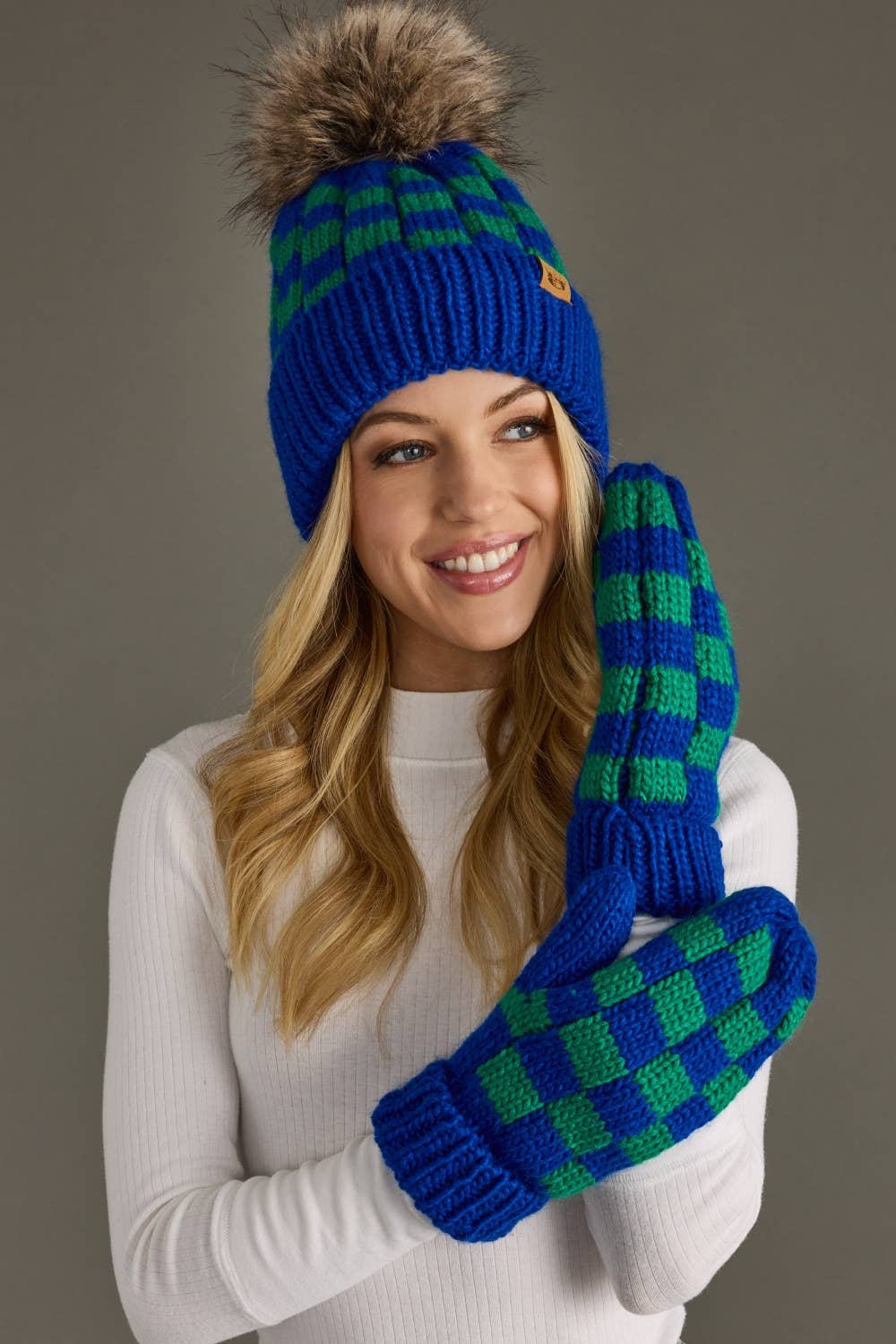 Blue & Green Checkered Pom Hat