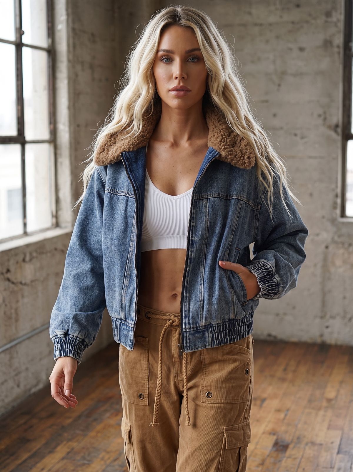 Mitto Shop Faux Fur Denim Bomber Jacket