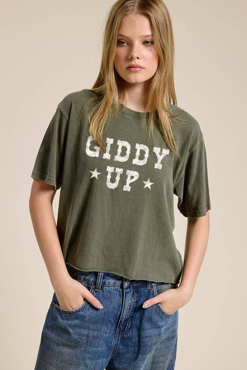 Giddy Up Graphic Raw Hem Faux Crop Tee