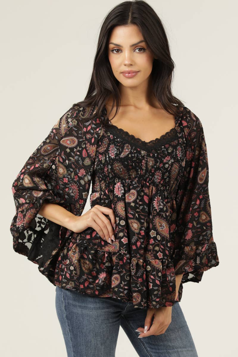 C2E10-SN45 BURNOUT SATIN BELL SLEEVE LACE TRIM BLOUSE