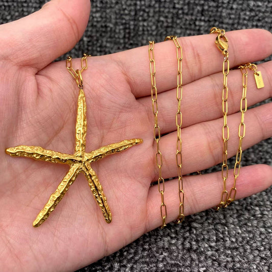 18K Gold Plated SS Starfish Charm Long Chain Necklace - FGS