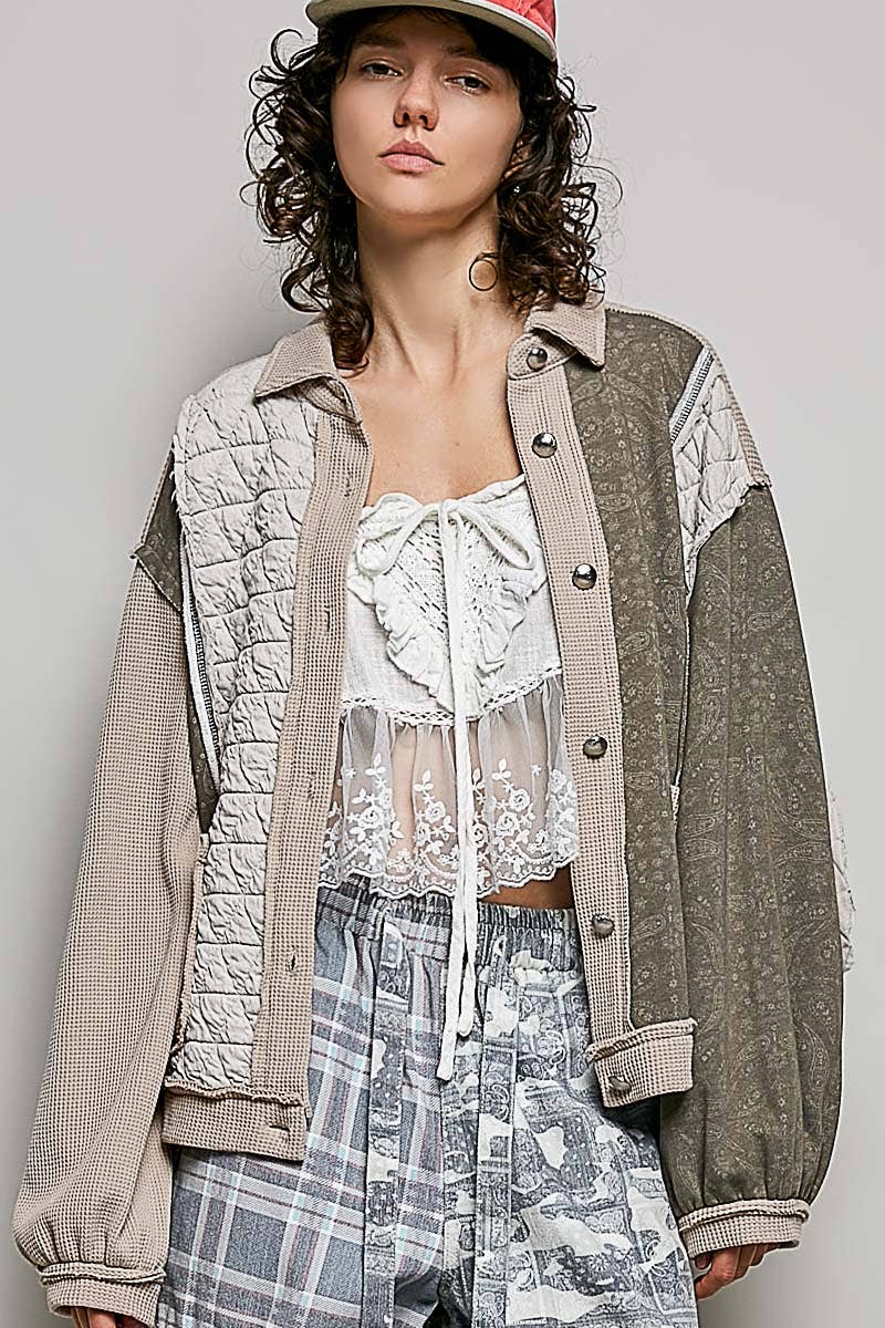 Floral Animal Print Contrast Color Block Quilted Jacket SALE