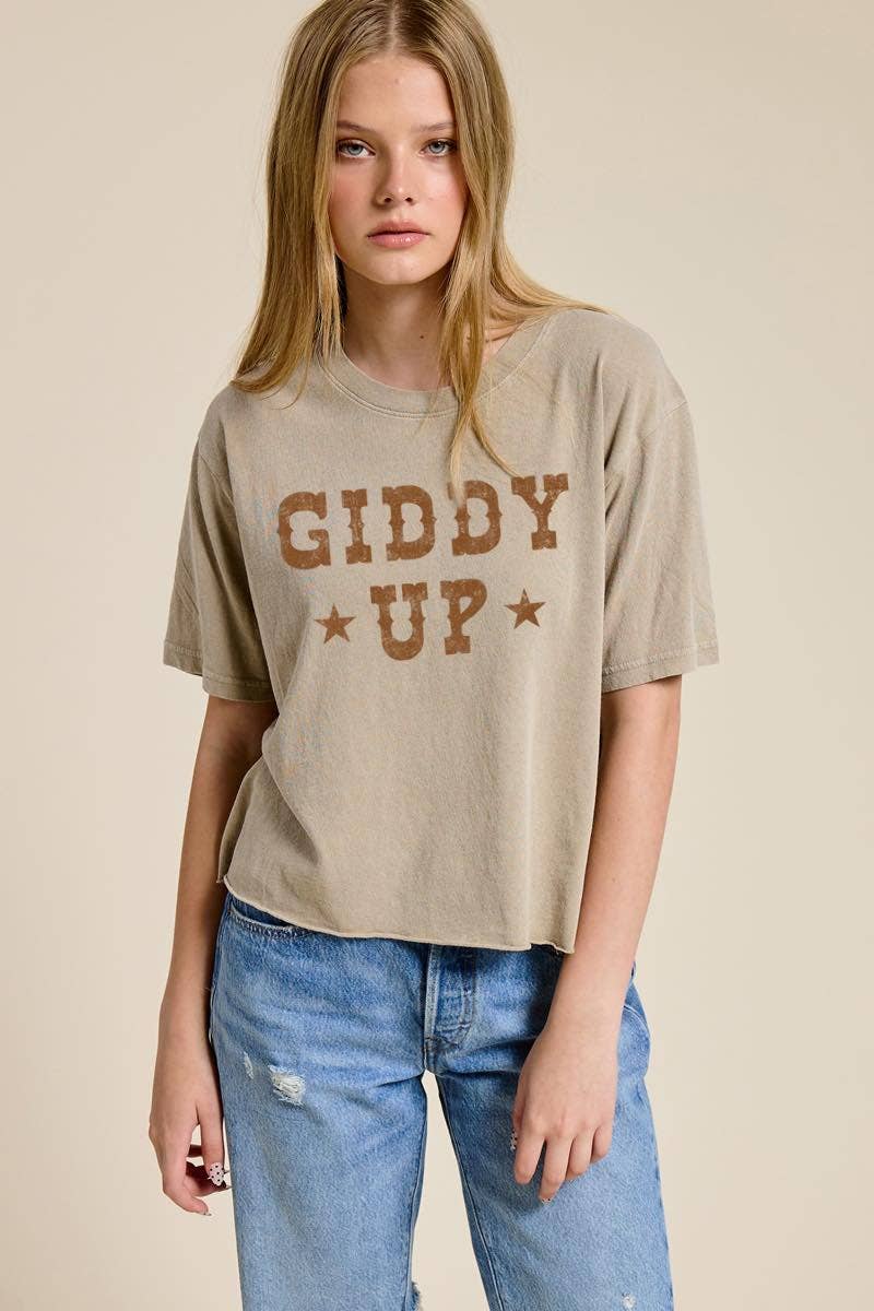 Giddy Up Graphic Raw Hem Faux Crop Tee