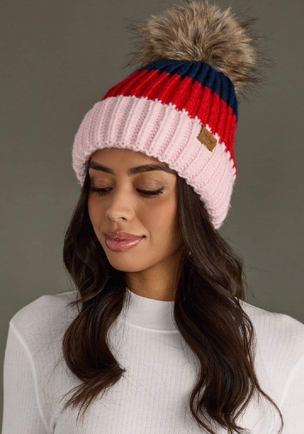 Color Block Pom Pom Beanie