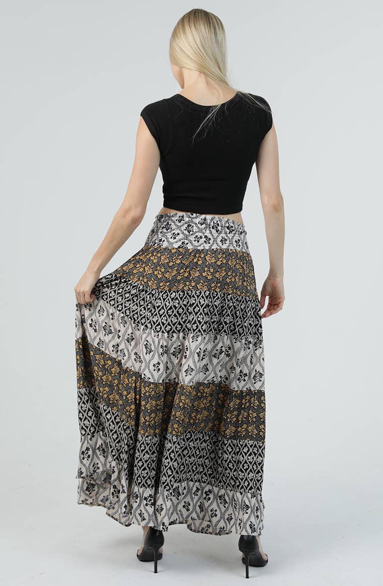 26P57-AA04 MIX PRINT TIERED A LINE SMOCKED WAISTBAND MAXI SK