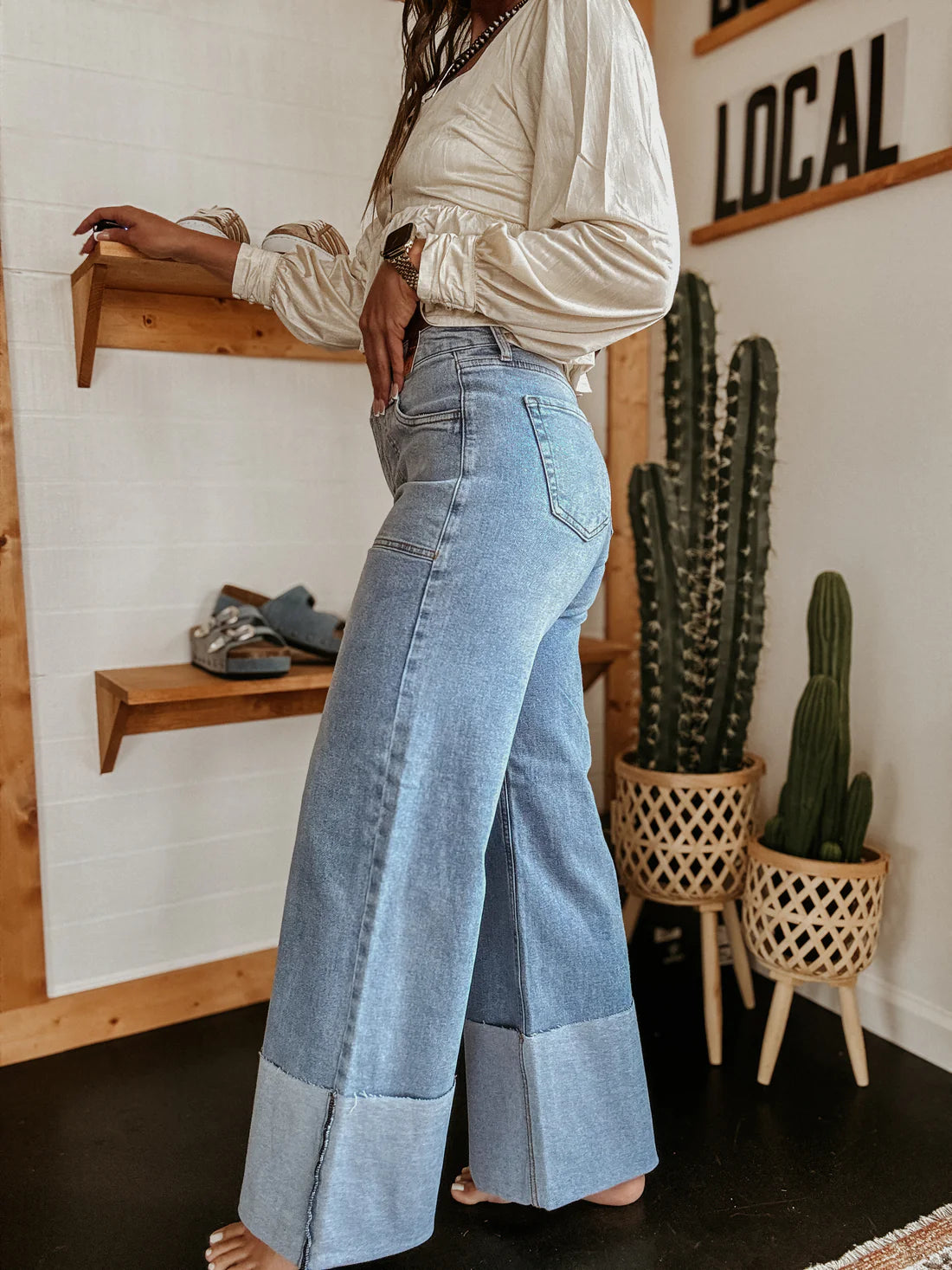 High-Waisted Wide Leg Cuffed Jeans