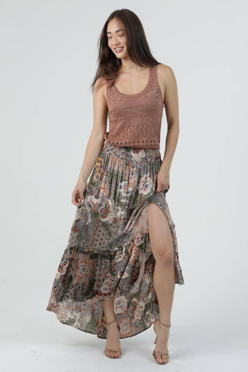 B6A21-W909 SMOCKED WAIST SKIRT WITH SLIT