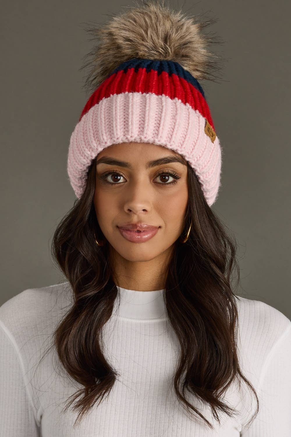 Navy, Red & Pink Color Block Pom Hat