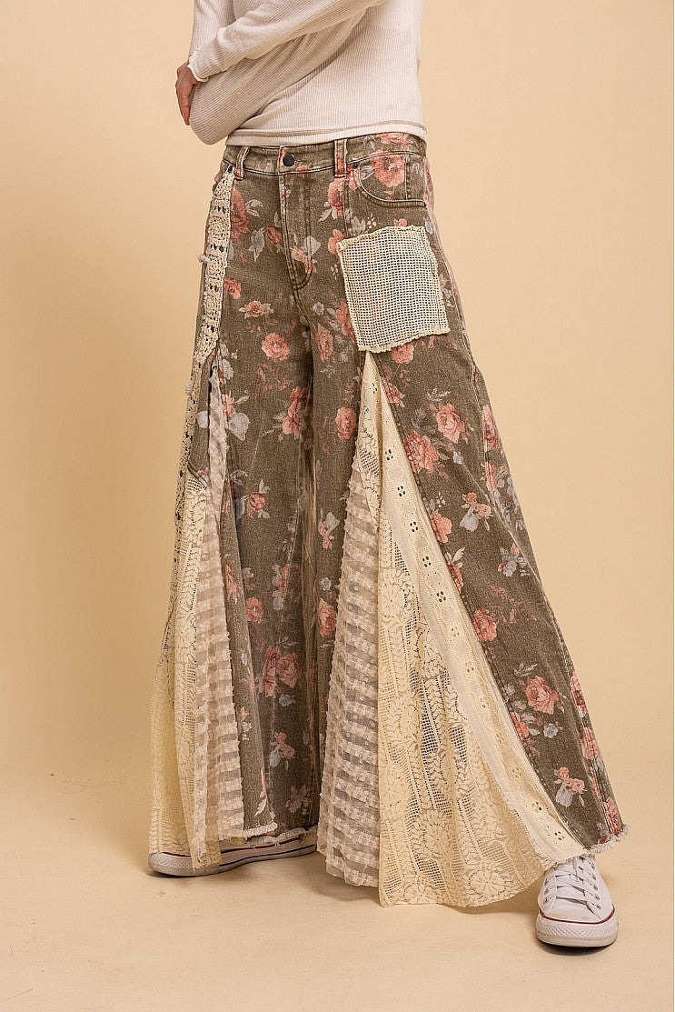 PREORDER - Floral Print Lace Panel Pants