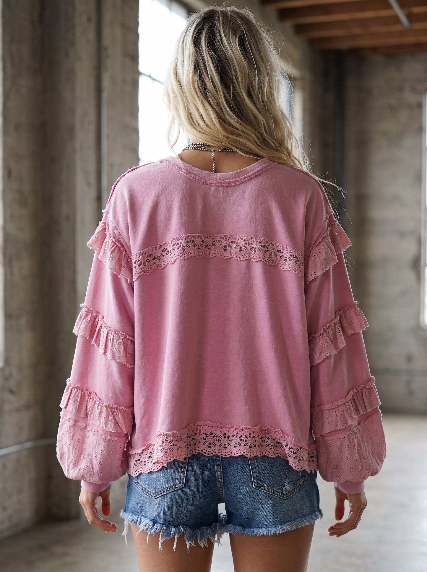 POL Eyelet Ruffle Sweatshirt