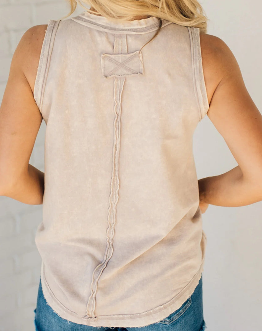 Washed Half-Button Raw Edge Sleeveless Henley Top