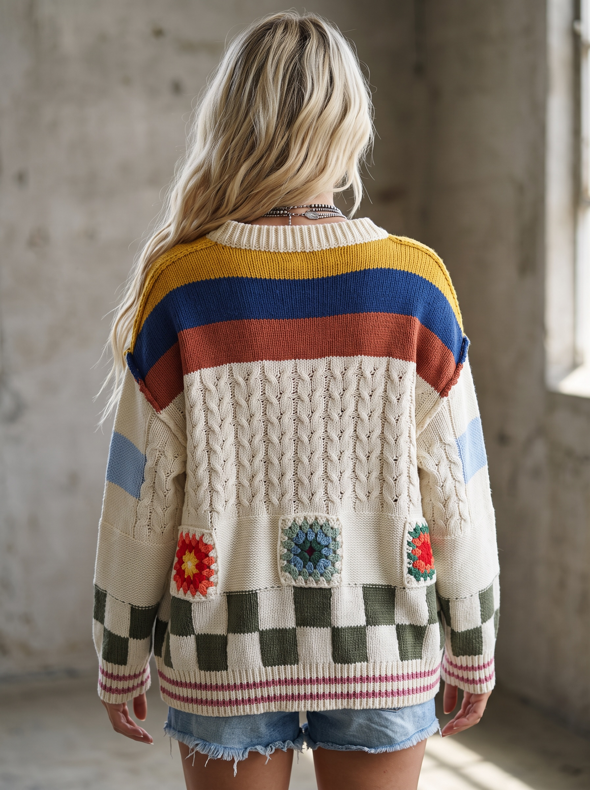 POL Handmade Patchwork Striped Chenille Cardigan