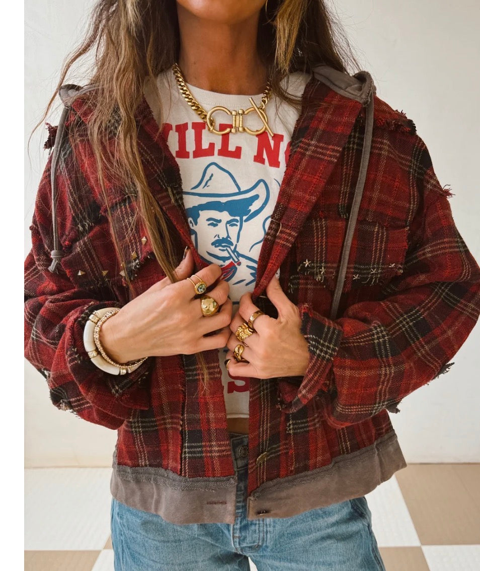 POL Plaid Star Patch Hooded Jacket