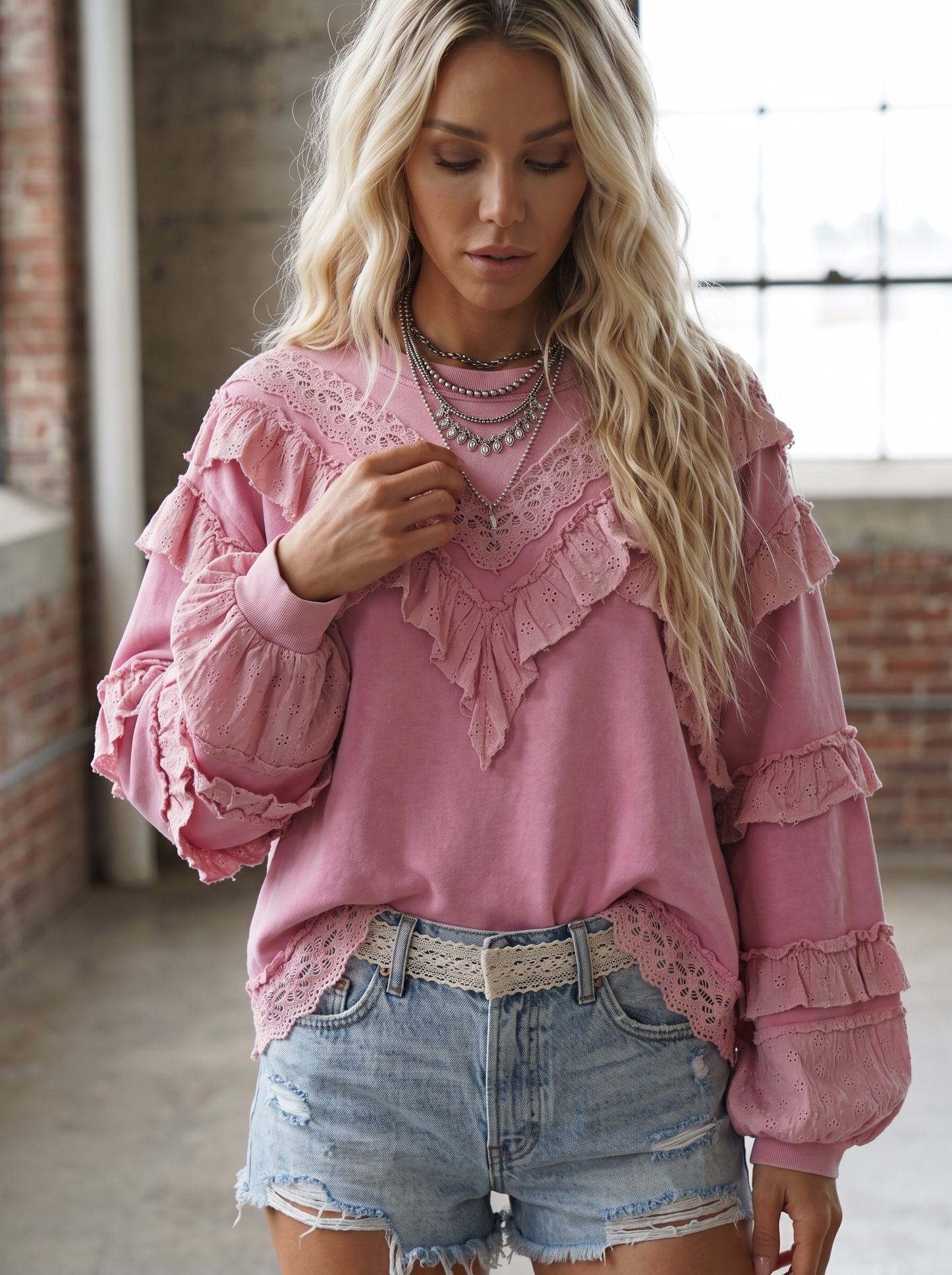 POL Eyelet Ruffle Sweatshirt