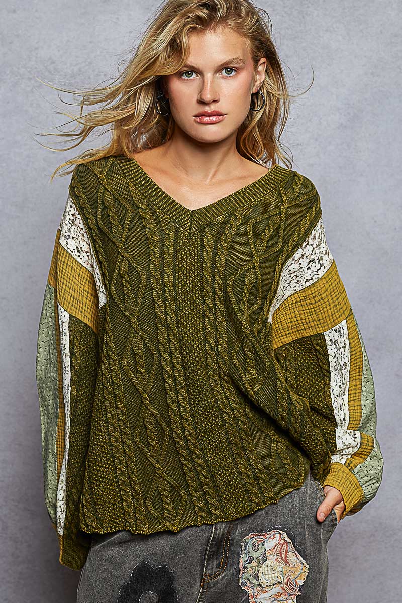 POL Cable Knit V Neck Sweater