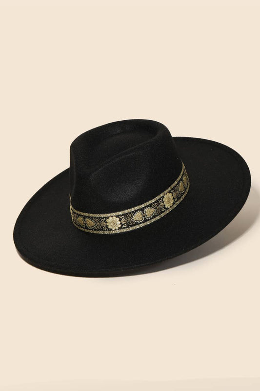 Embroidered Strap Fedora Fashion Hat