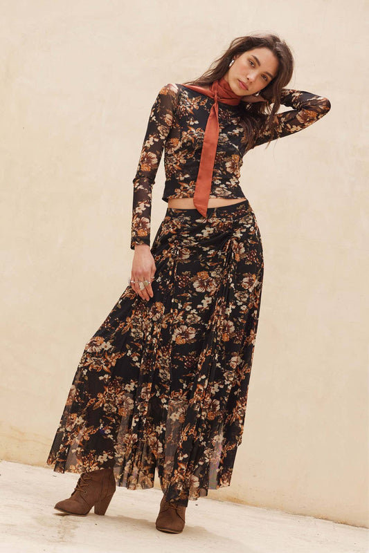 Floral-Print Mesh Ruched Handkerchief Maxi Skirt