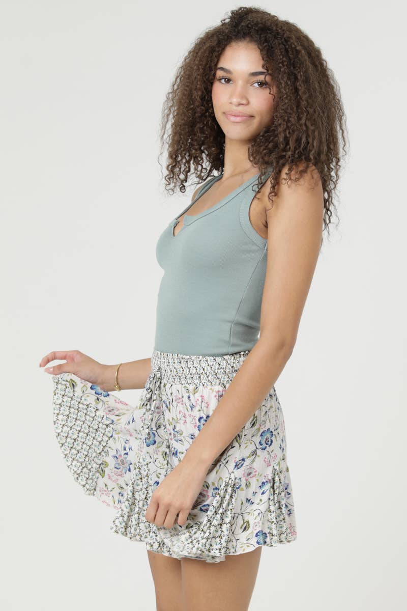 BS909-A980-A981 TWIN PRINT GODET SHORTS WITH ELASTIC WAIST