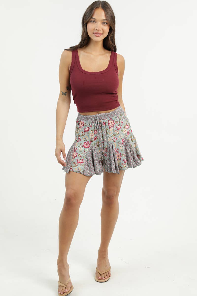 BS909-A980-A981 TWIN PRINT GODET SHORTS WITH ELASTIC WAIST