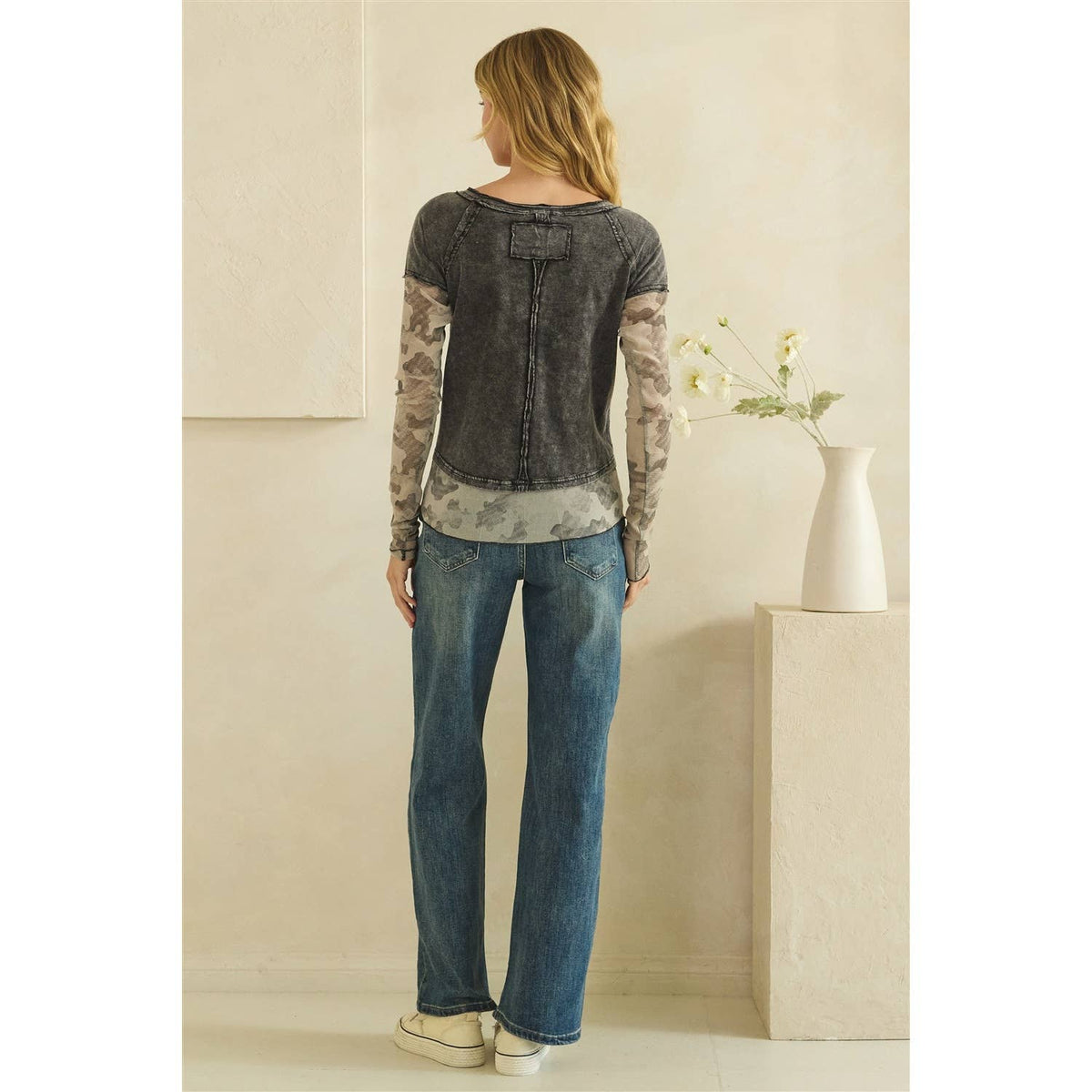 CAMOUFLAGE PRINT MIX LAYERED LOOK PULL OVER