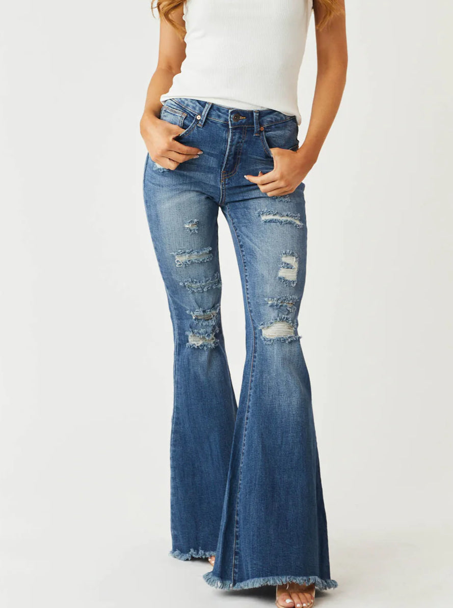 High Rise Boot Cut Distressed Jeans