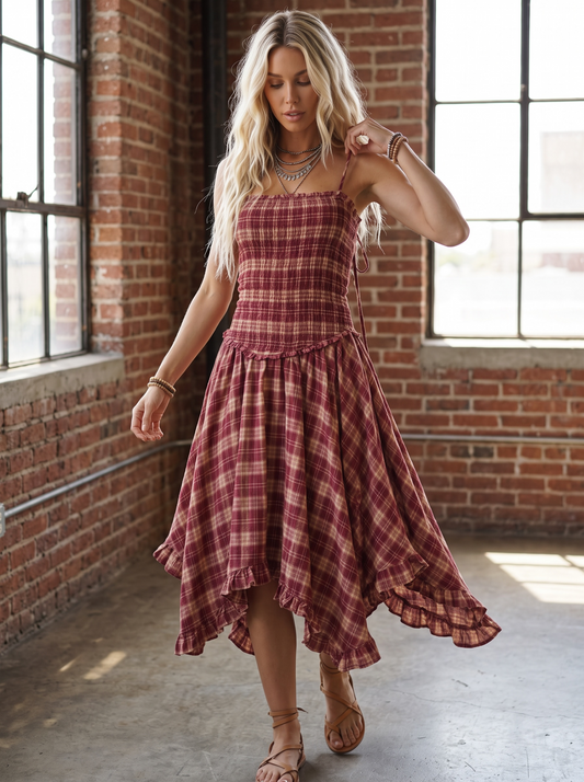 Plaid Smocked Midi Dress
