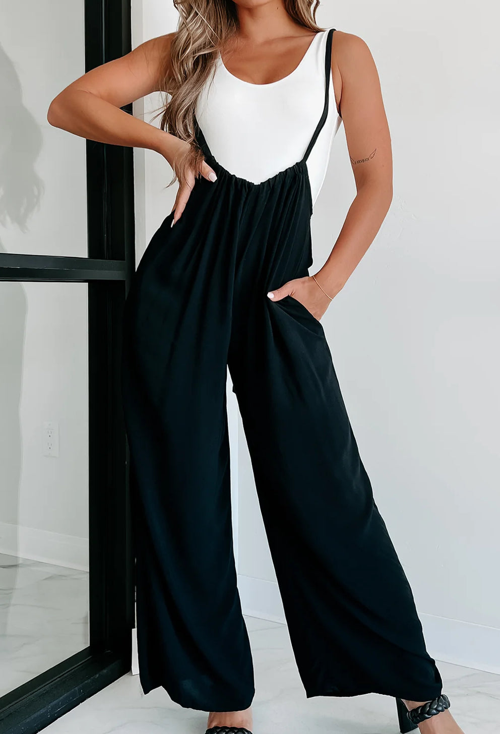 Woven Tie Back Suspender Jumpsuit