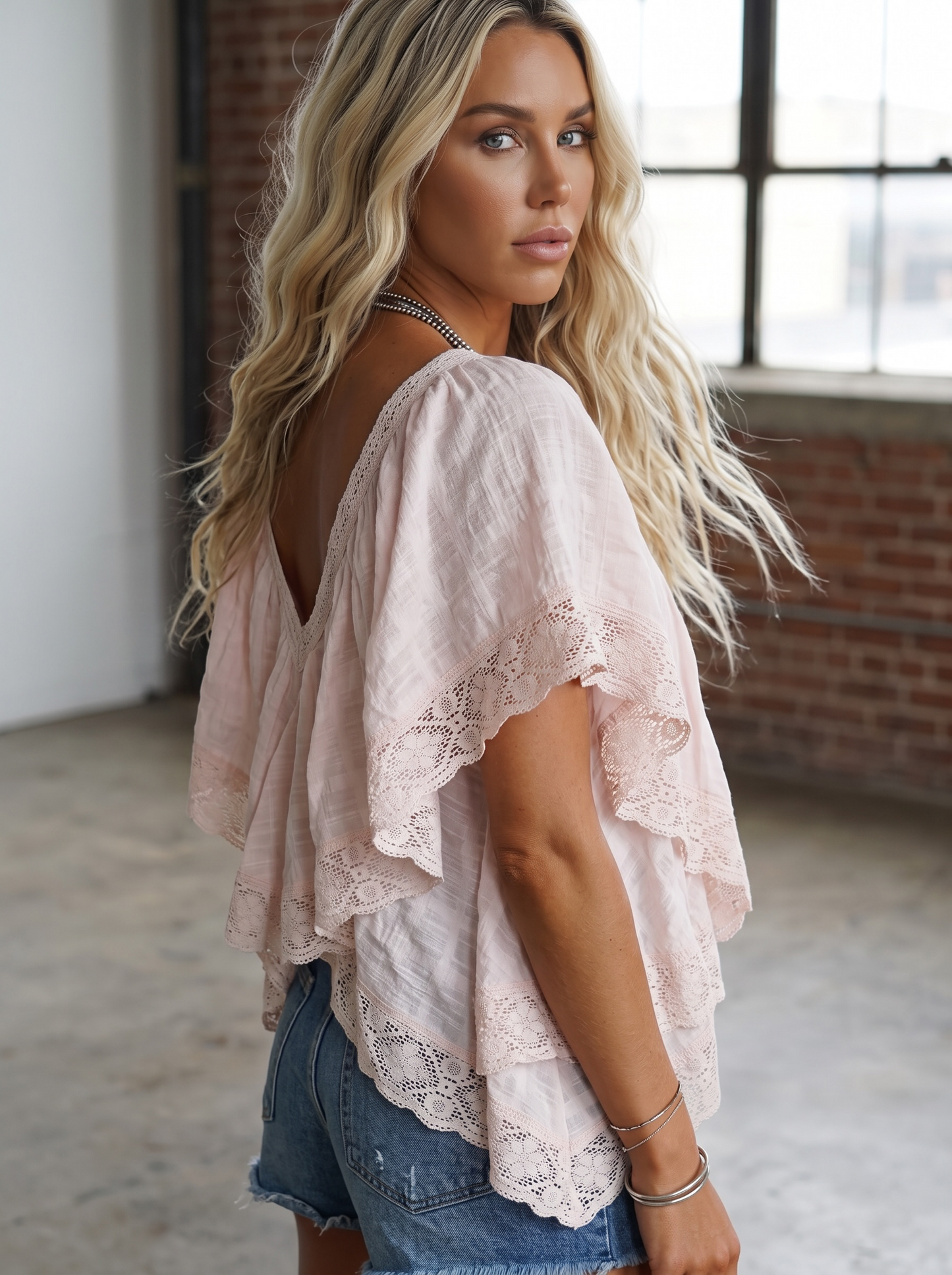 POL Lace Trim V Ruffle Top