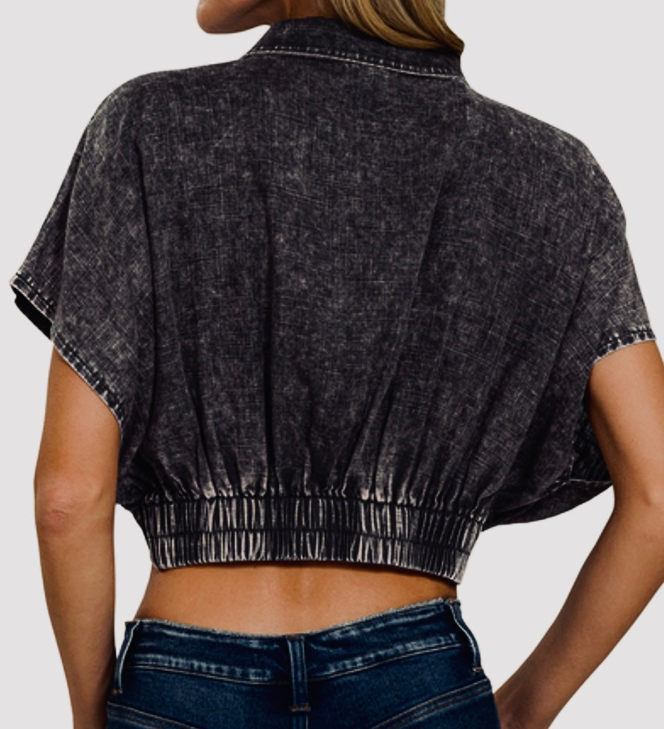 Ash Black Linen Crop Top