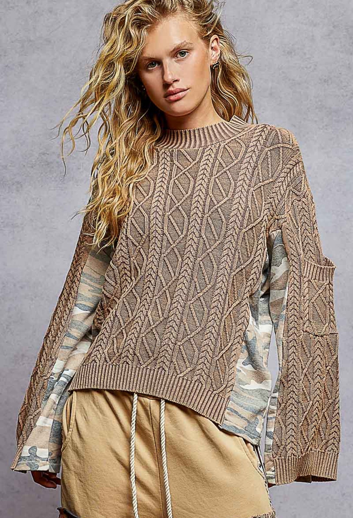 POL Cable Knit Camo Sweater