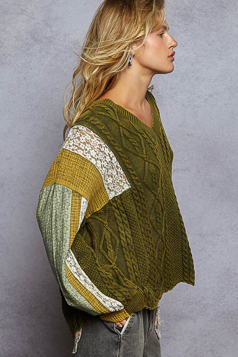 POL Cable Knit V Neck Sweater