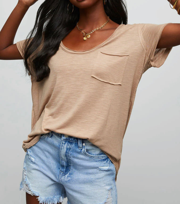 Short Sleeve Scoop Neck Top with Chest Pocket