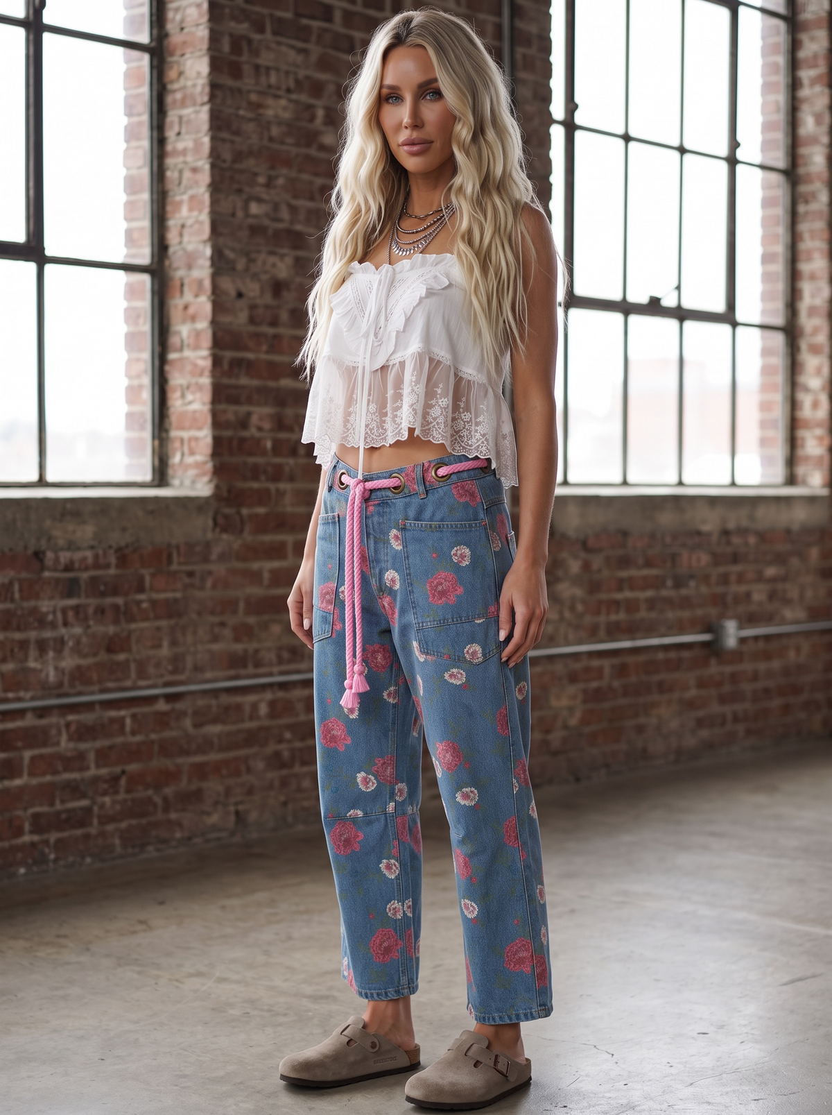 Eesome Floral Print Barrel Jeans