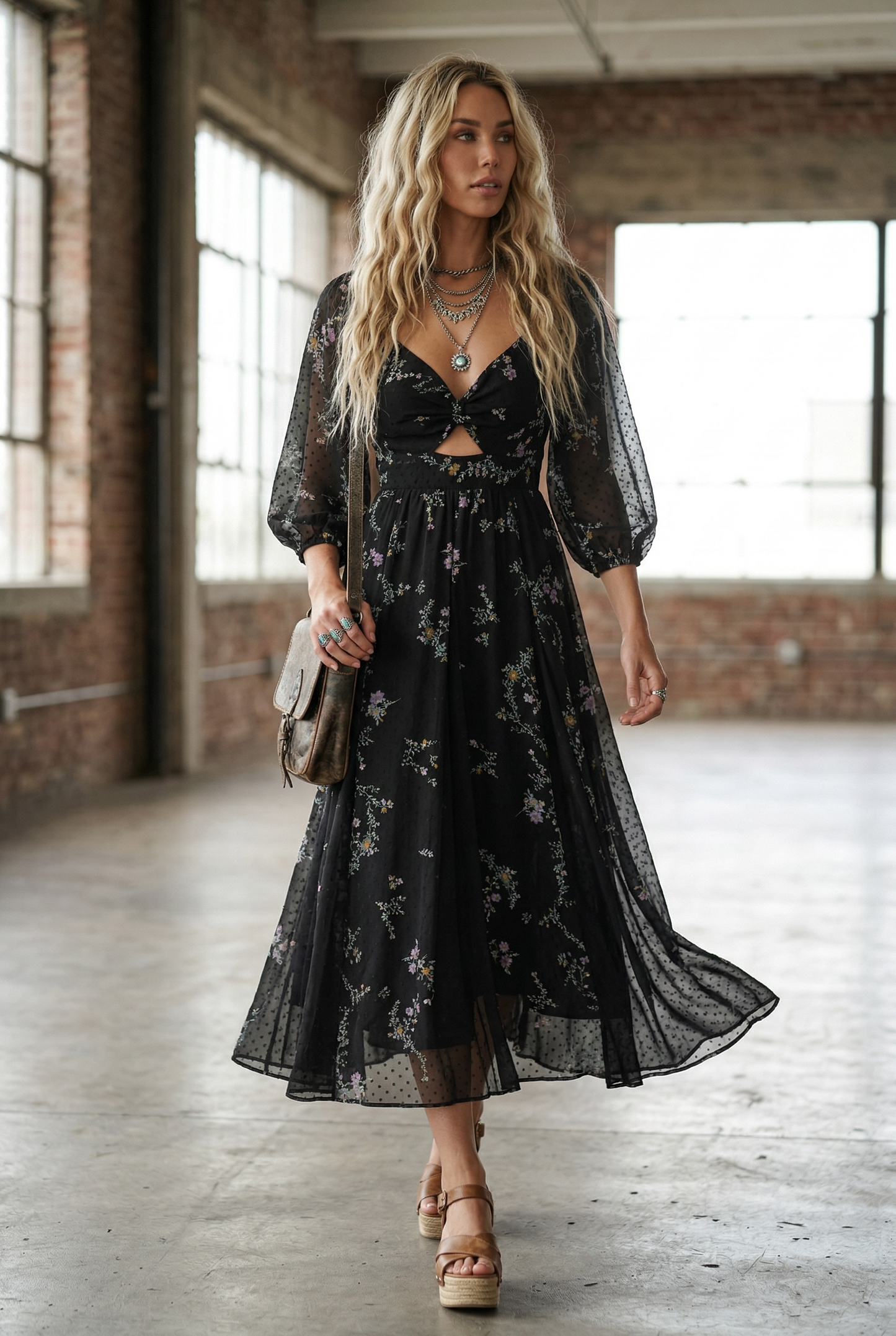 Angie Floral Swiss Dot Maxi Dress