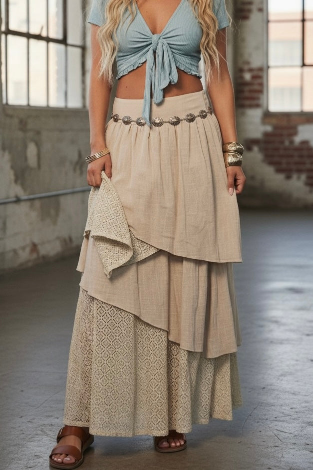 Promesa Gauze & Lace Maxi Skirt