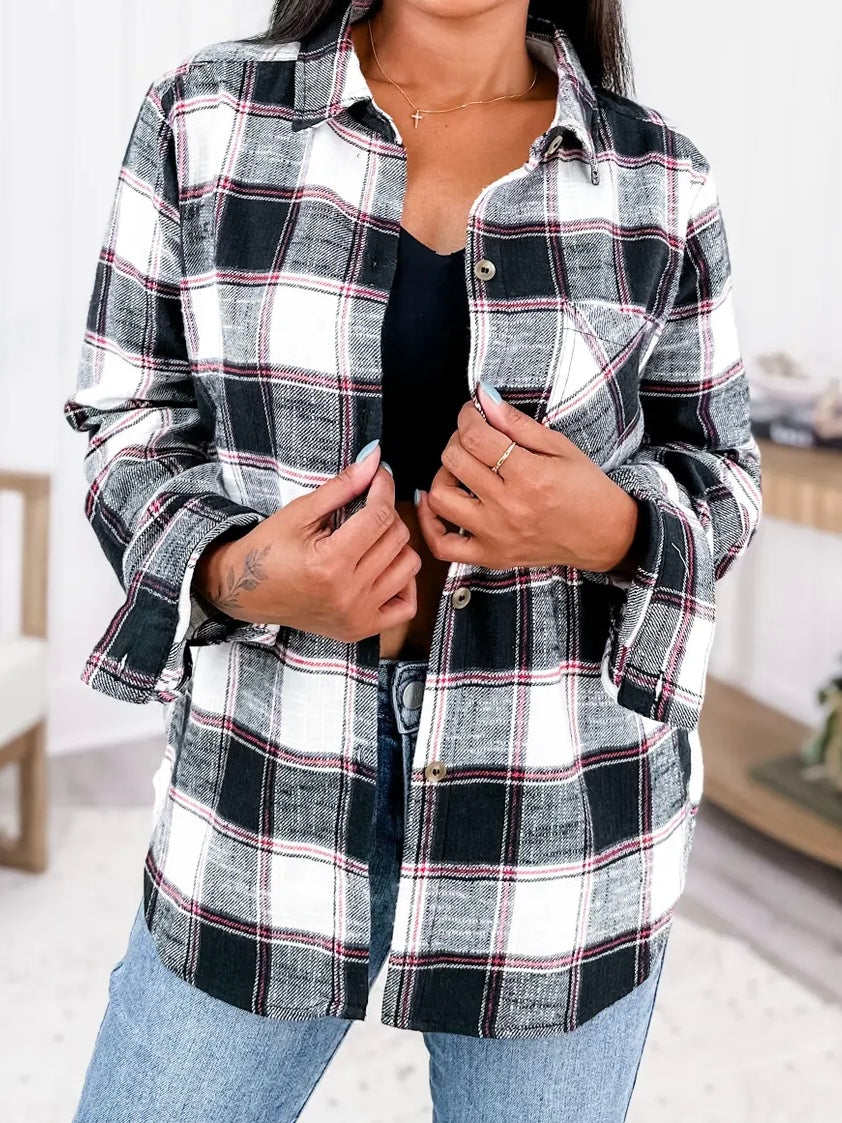 Cotton Plaid Shacket With Front Pocket