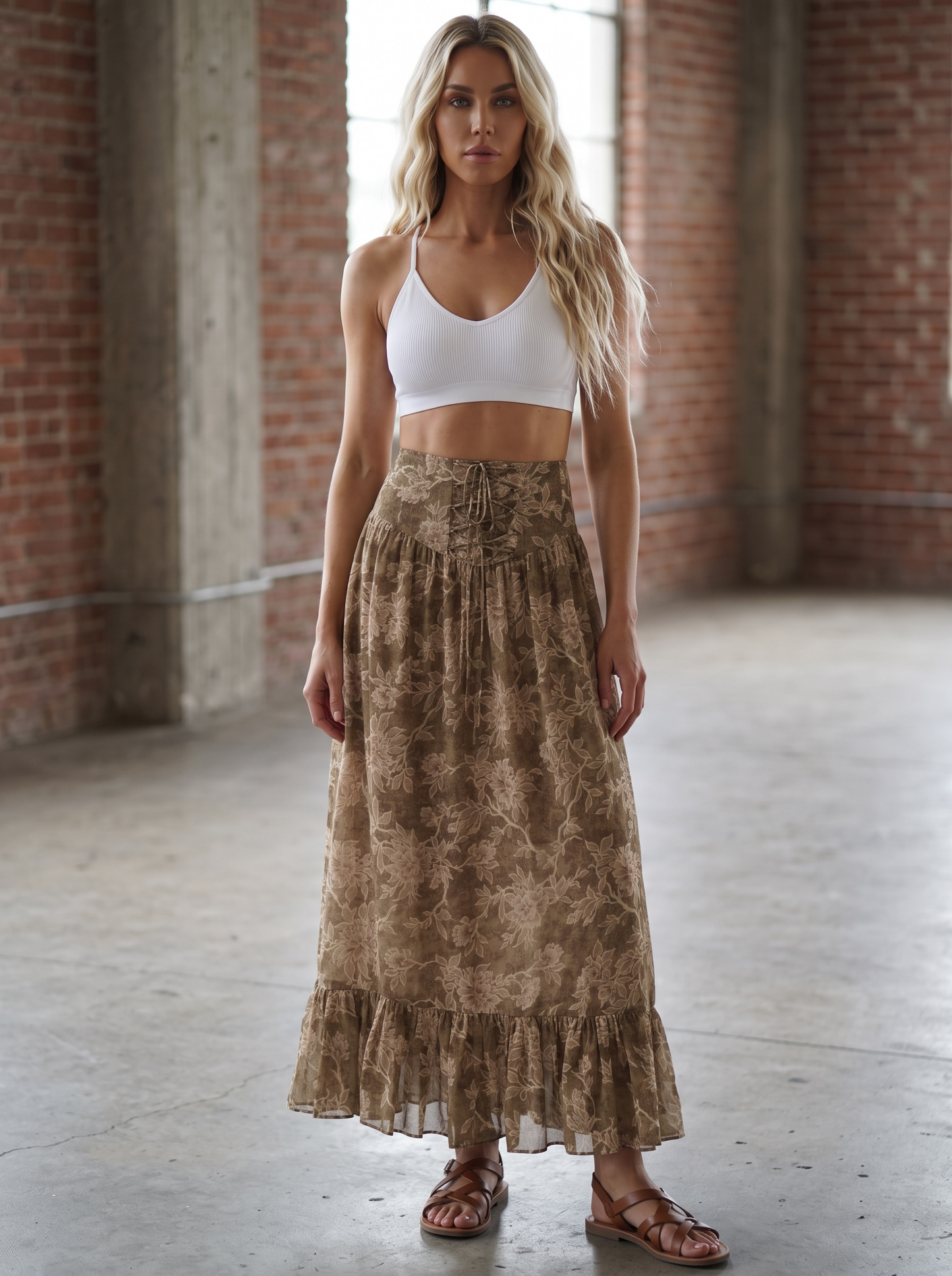 Promesa Floral Lace-Up Maxi Skirt