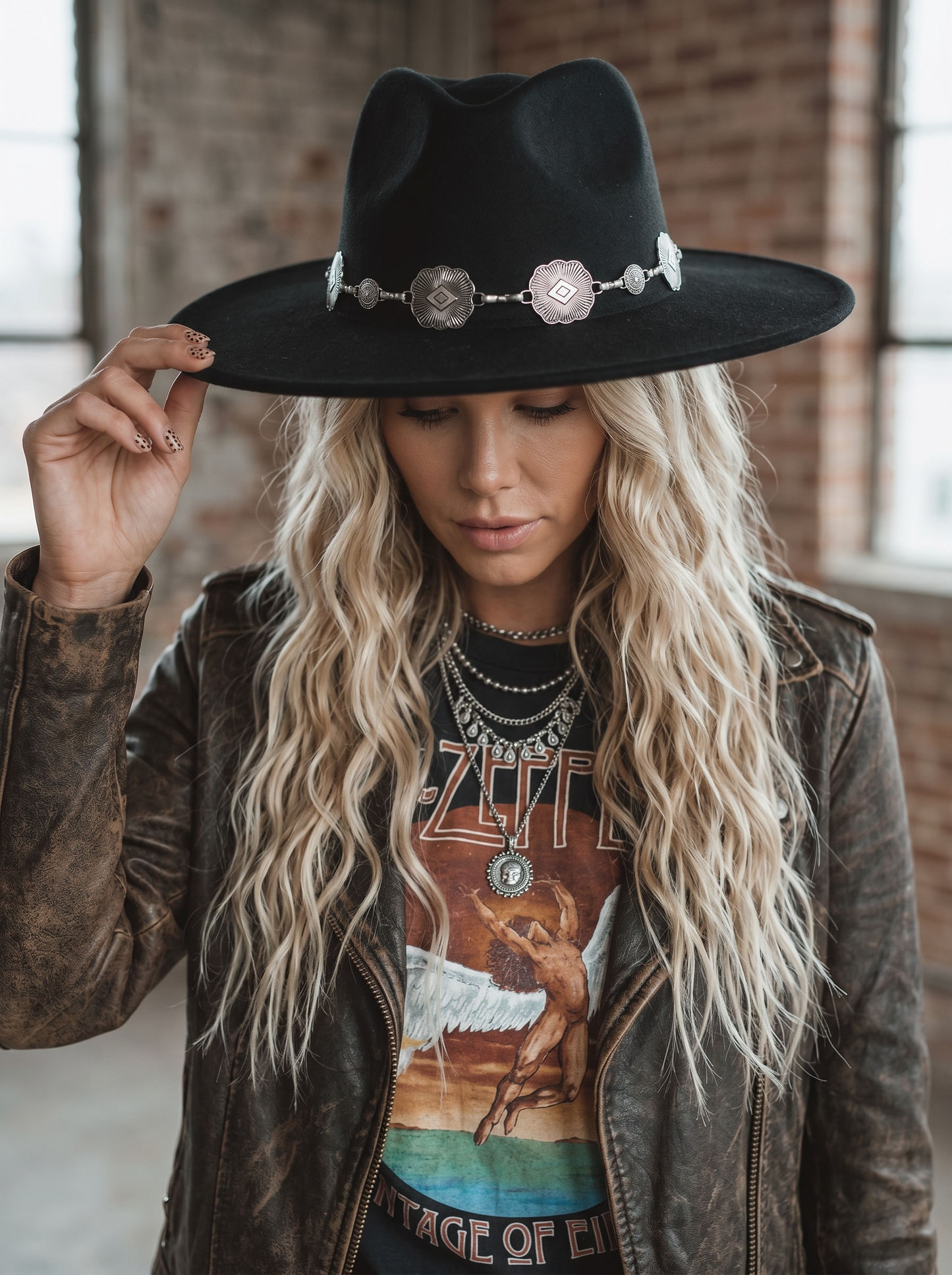 Concho Chain Strap Flat Brim Fedora Fashion Hat