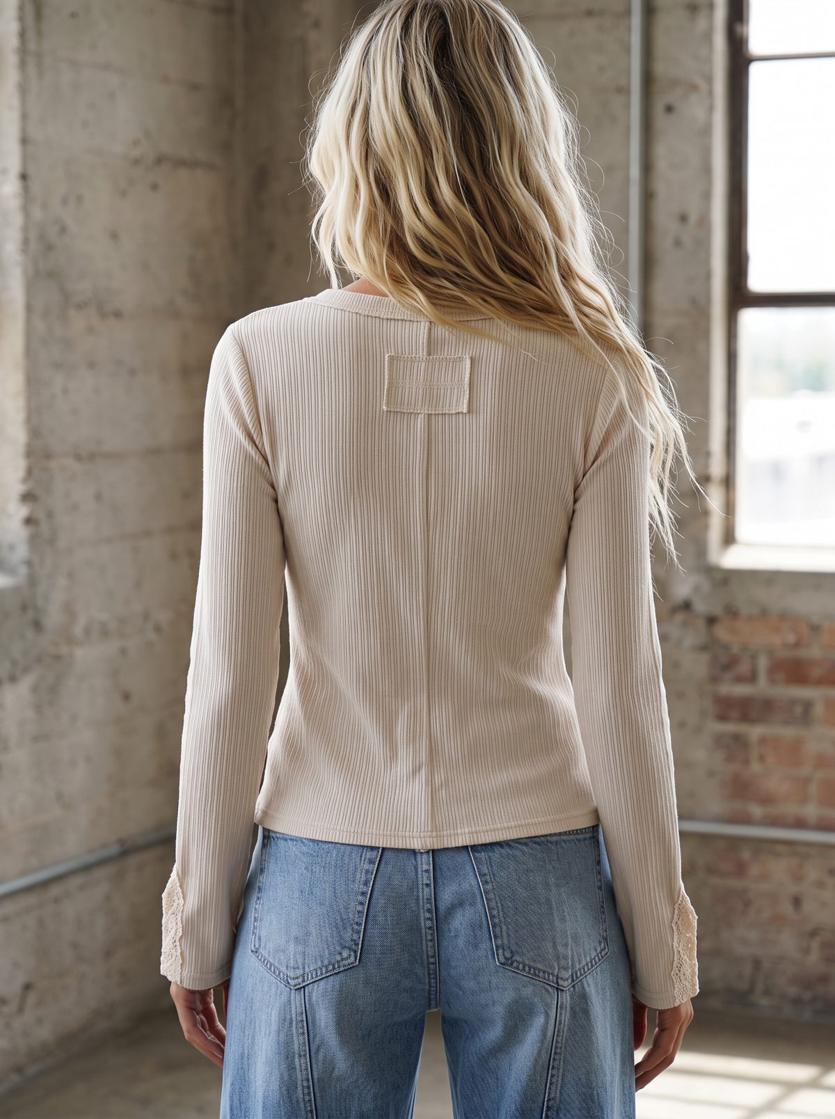 Very J Lace Sleeve Ribbed Top