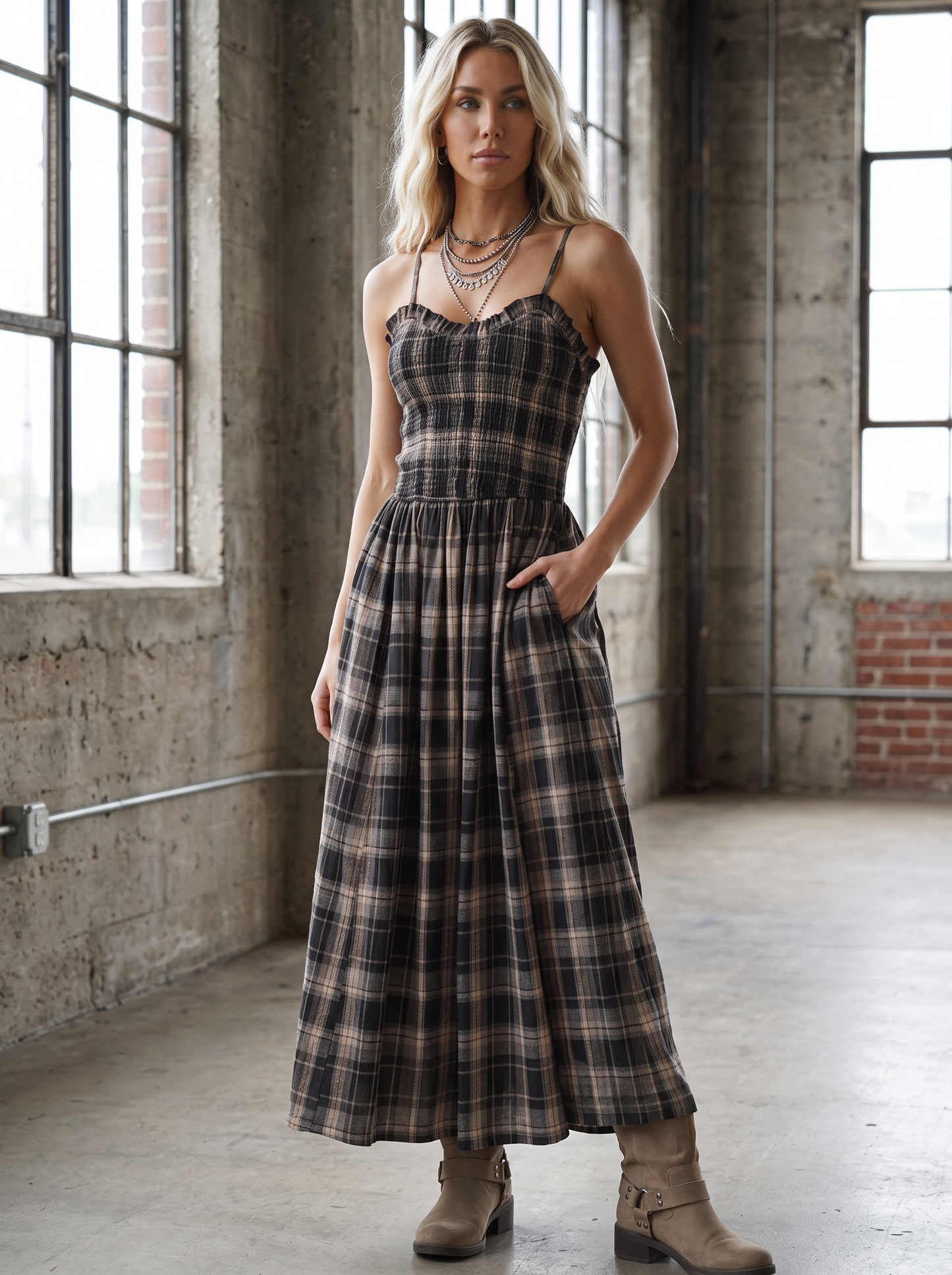 Plaid Smocked Maxi Dress