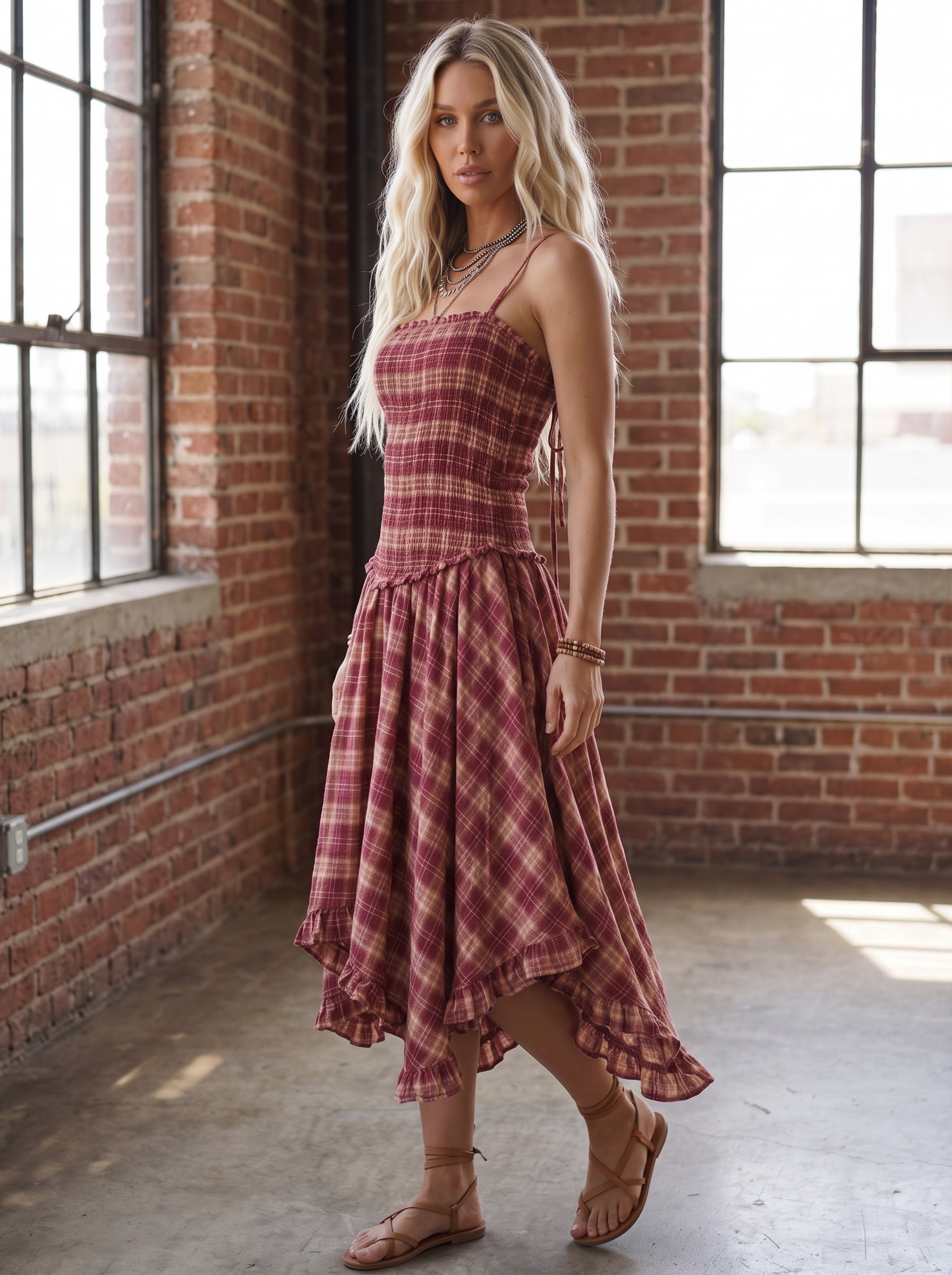 Plaid Smocked Midi Dress