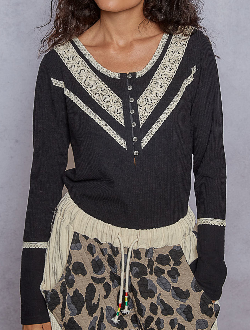 POL Crochet Contrast Henley