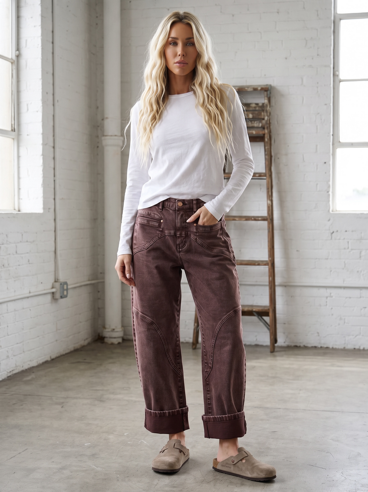 Saige Brown Washed Barrel Jeans